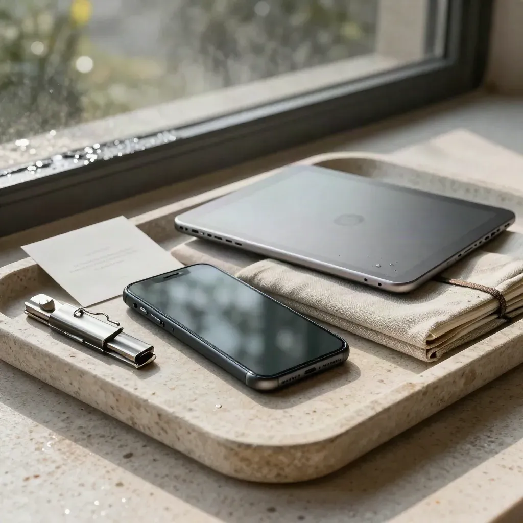 Studio hero měsíční správy sítí: smartphone, tablet, diář a spony na kameni po dešti.