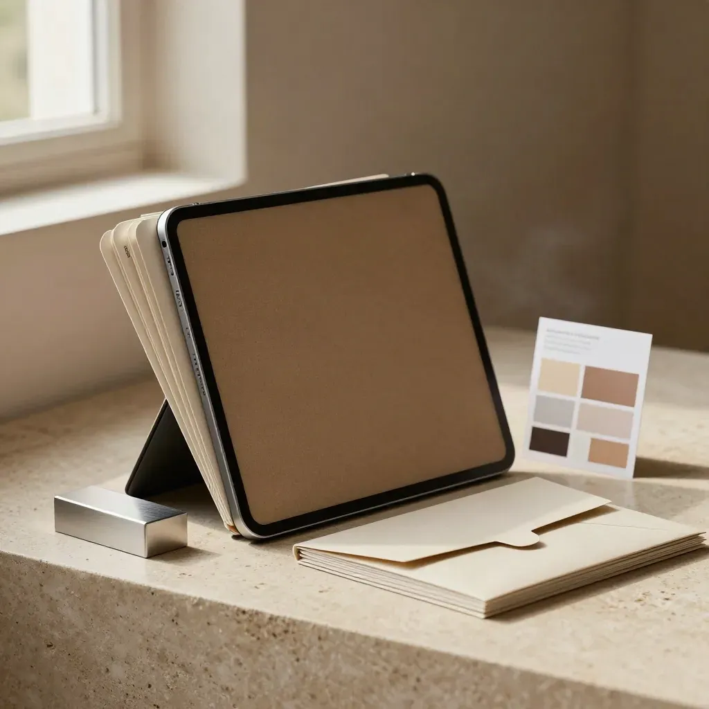 Tablet, karty a obálky v prémiovém studiovém uspořádání pro Meta kampaně.