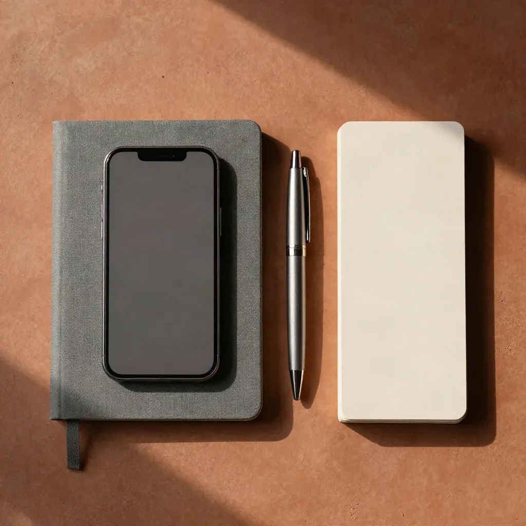 Overhead flatlay grafického kitu s notebookem, telefonem, perem a kartami na hliněné desce.