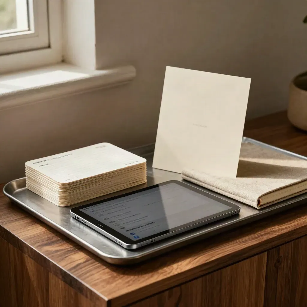 Tablet, kartičky, notebook a kovový tác v teplém světle na dřevěné polici.
