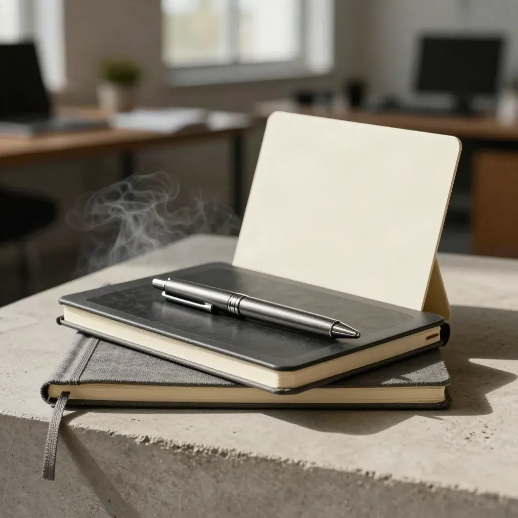 Elegantní sada pro LinkedIn obsah: zápisník, tablet, pero a dvě kartičky na betonovém podstavci.